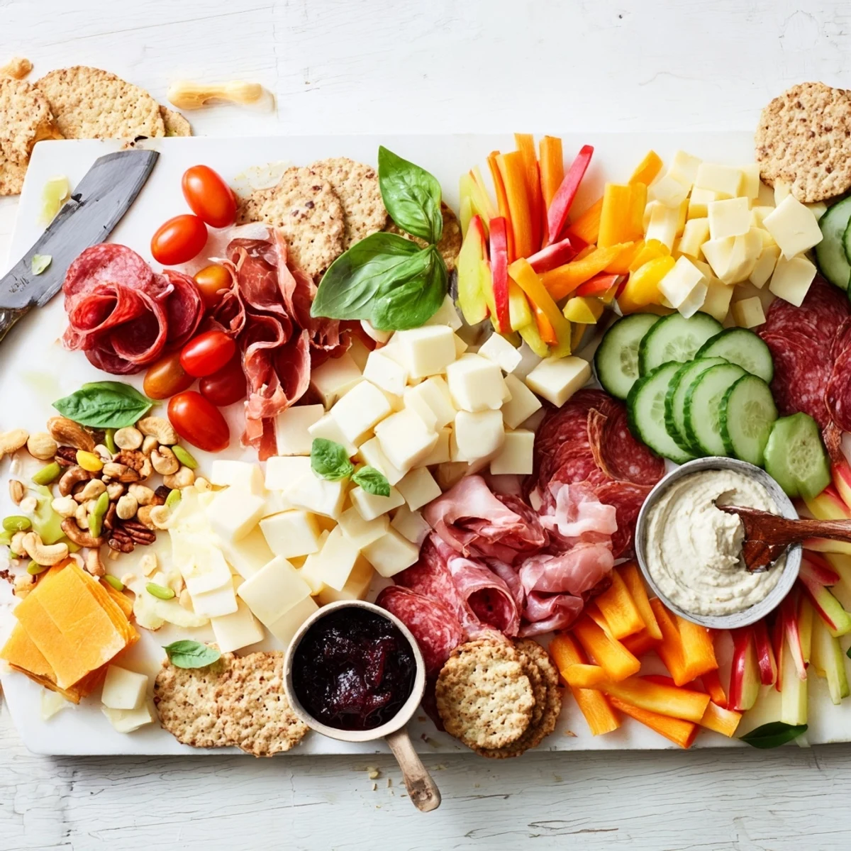 Colorful Girl Dinner Platter loaded with cheeses, fruits, and tasty dips. 
