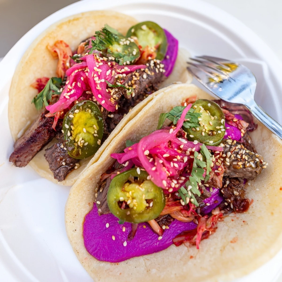 Colorful Global Street-Food Fusion Bowls featuring ube crema and marinated protein.  