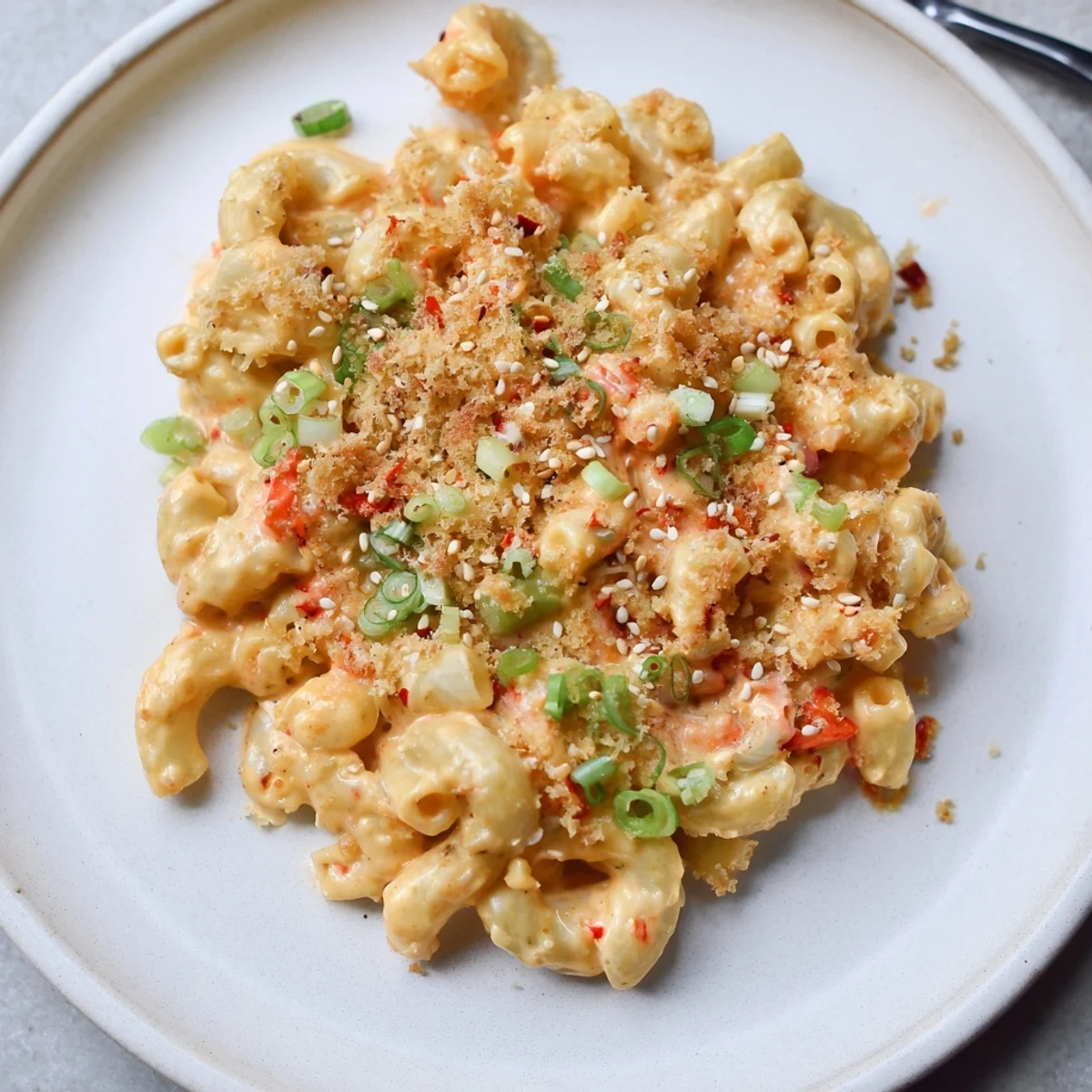 Creamy Spicy Kimchi Mac & Cheese topped with crunchy sesame breadcrumbs, perfect comfort food.  