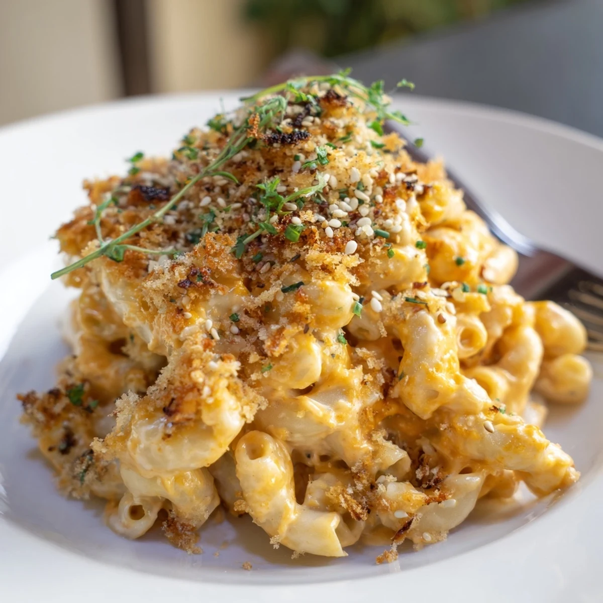 Baked Spicy Kimchi Mac & Cheese, with a golden topping and bold flavor explosion.