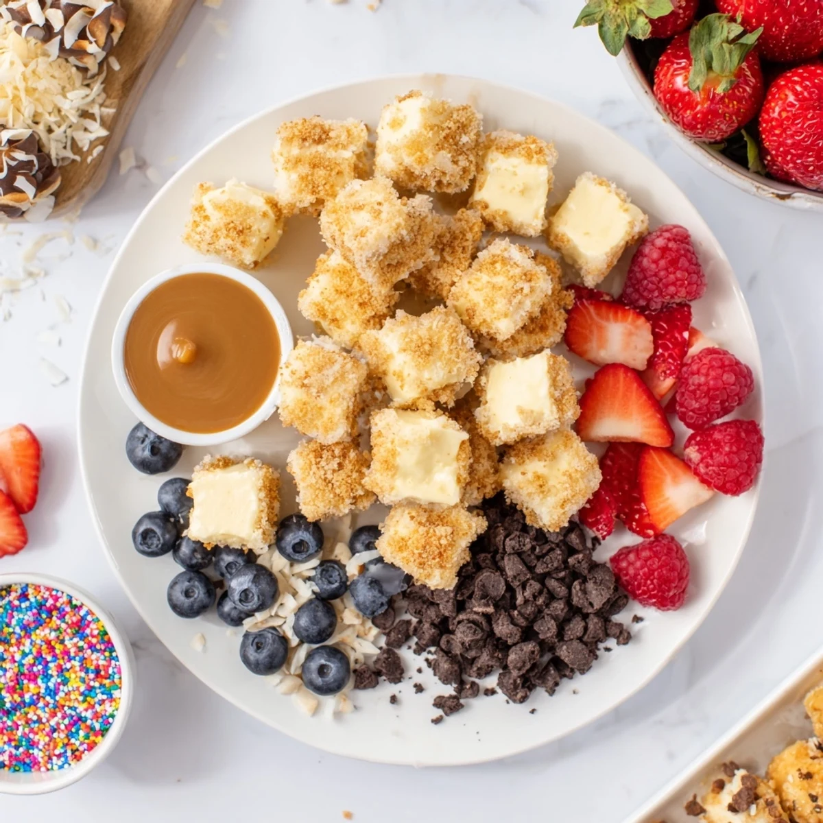 A vibrant deconstructed dessert board featuring cheesecake bites and fresh fruit toppings.  