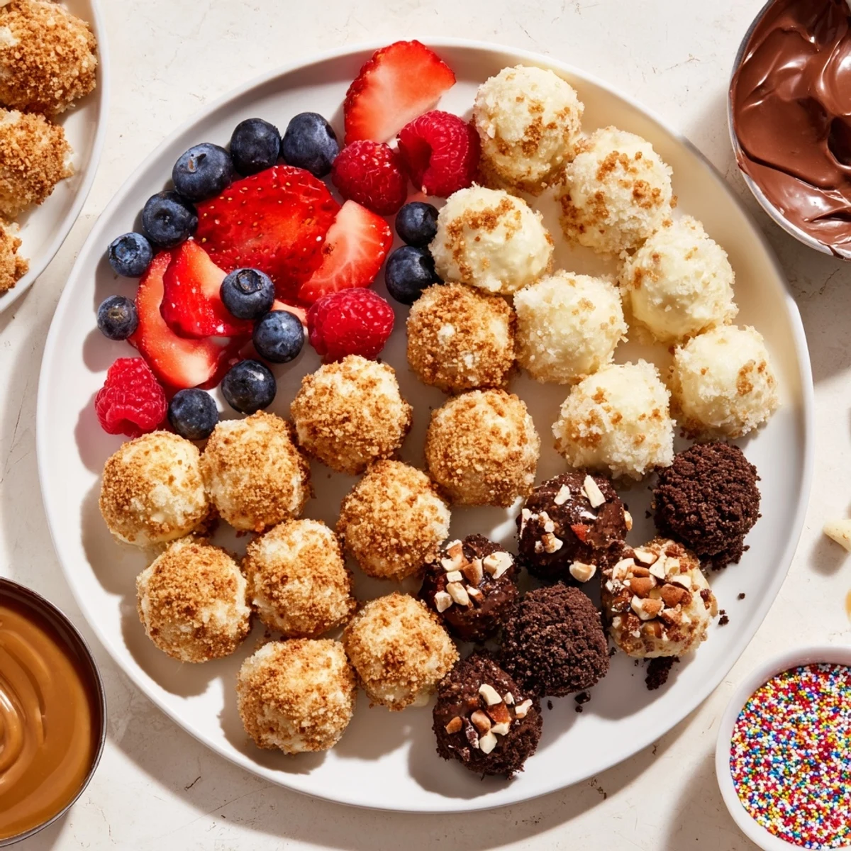 Deconstructed dessert board showcases creamy cheesecake bites with colorful toppings ready for customization.  