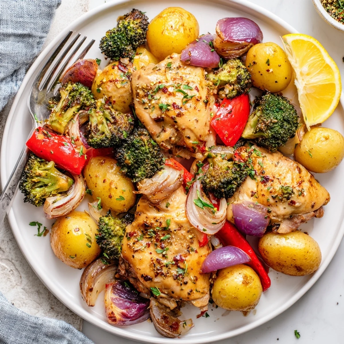 Delicious Lazy Gourmet Chicken & Vegetable One-Pot dish, garnished with parsley and lemon.  