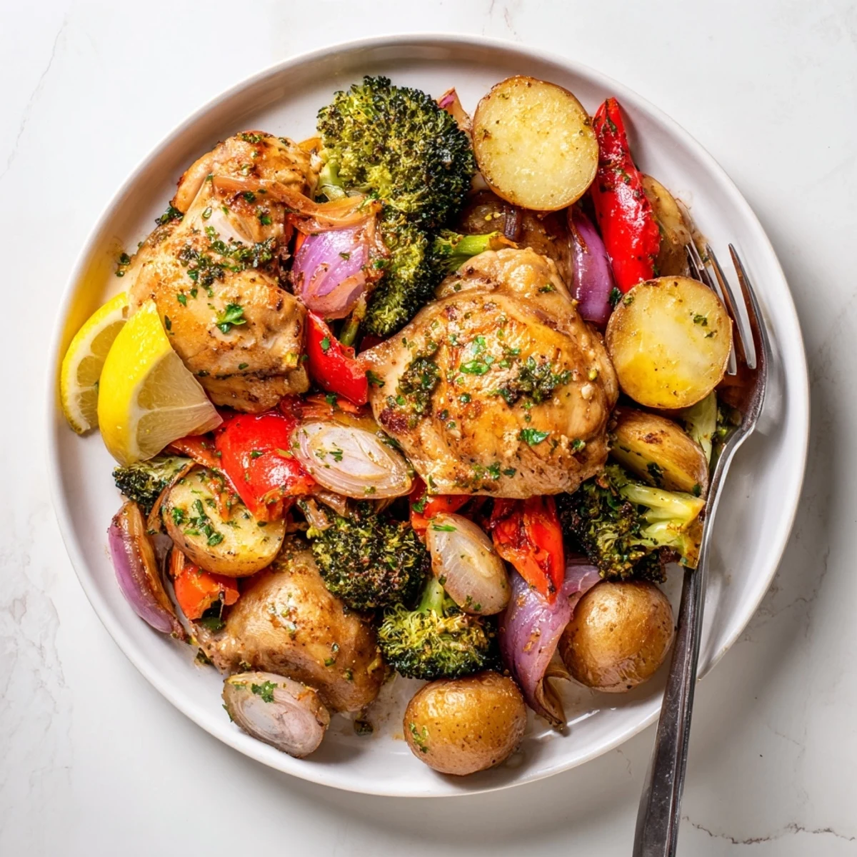Succulent Lazy Gourmet Chicken & Vegetable One-Pot meal with vibrant, roasted veggies and herbs.  