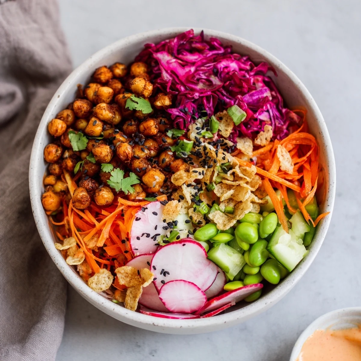 Colorful ASMR Crunch Snack Bowls filled with fresh veggies and crunchy toppings.  