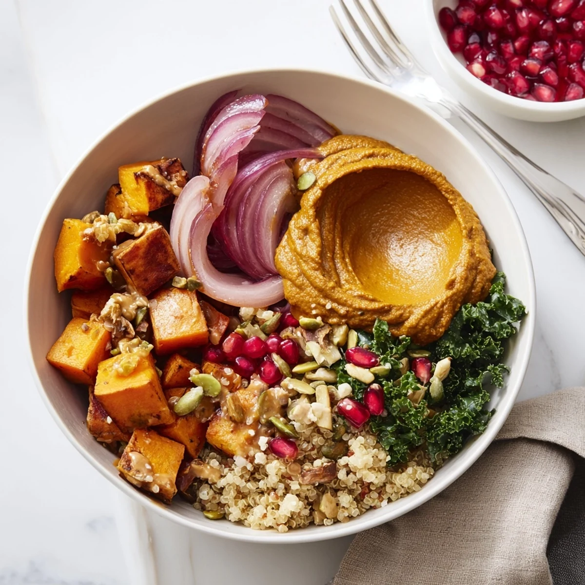 Roasted winter vegetables beautifully arranged in spiced winter bowls with vibrant toppings.  