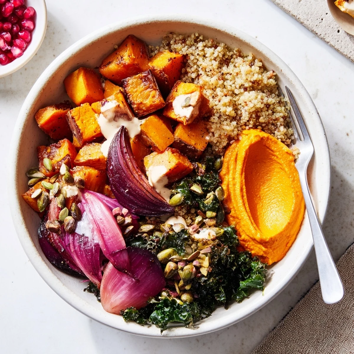 Delicious spiced winter bowls topped with pistachio-maple crumble and fresh pomegranate seeds.