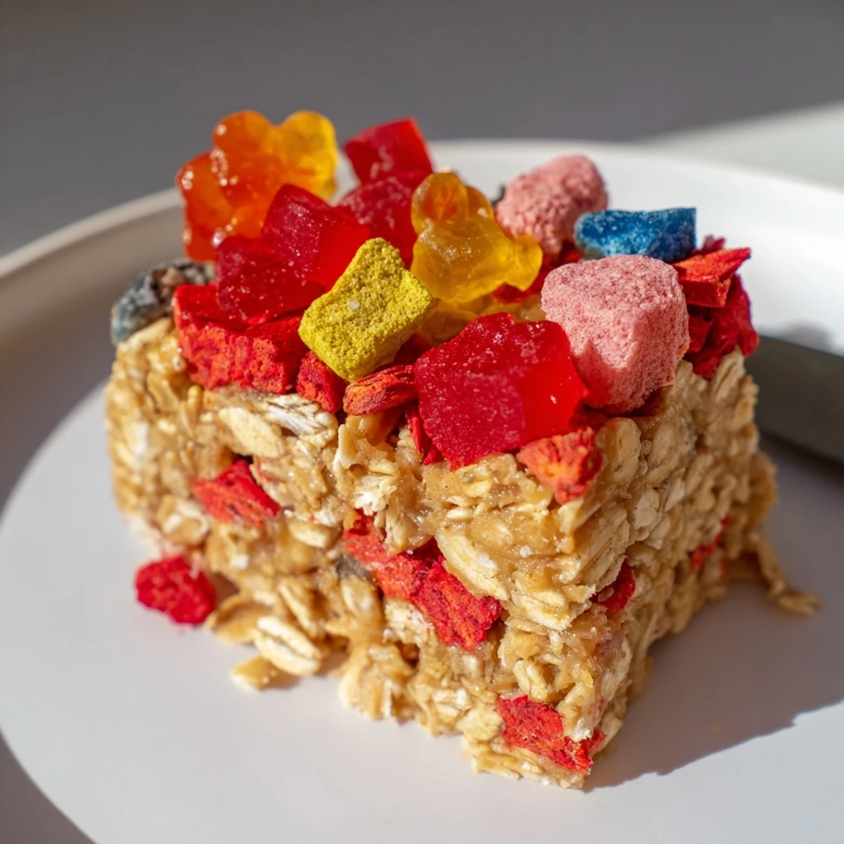 Chewy DIY snack bars topped with colorful homemade gummies and freeze-dried candy.  