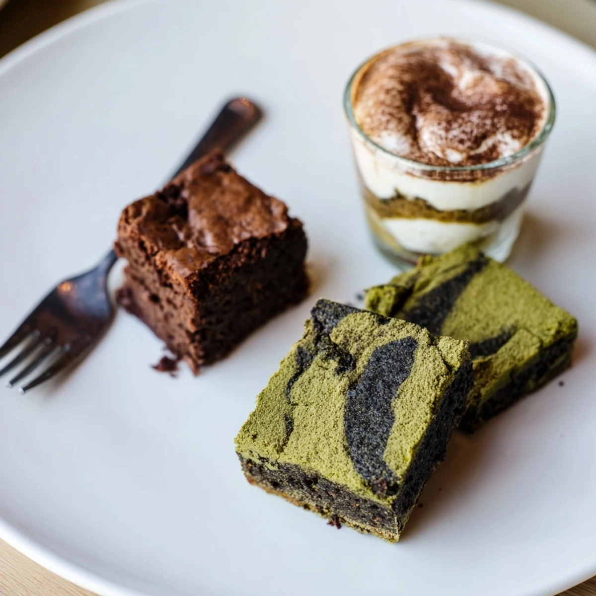 Decadent Global Dessert Mash-Ups showcase chocolatey matcha-miso brownies and creamy cheesecake bars.  