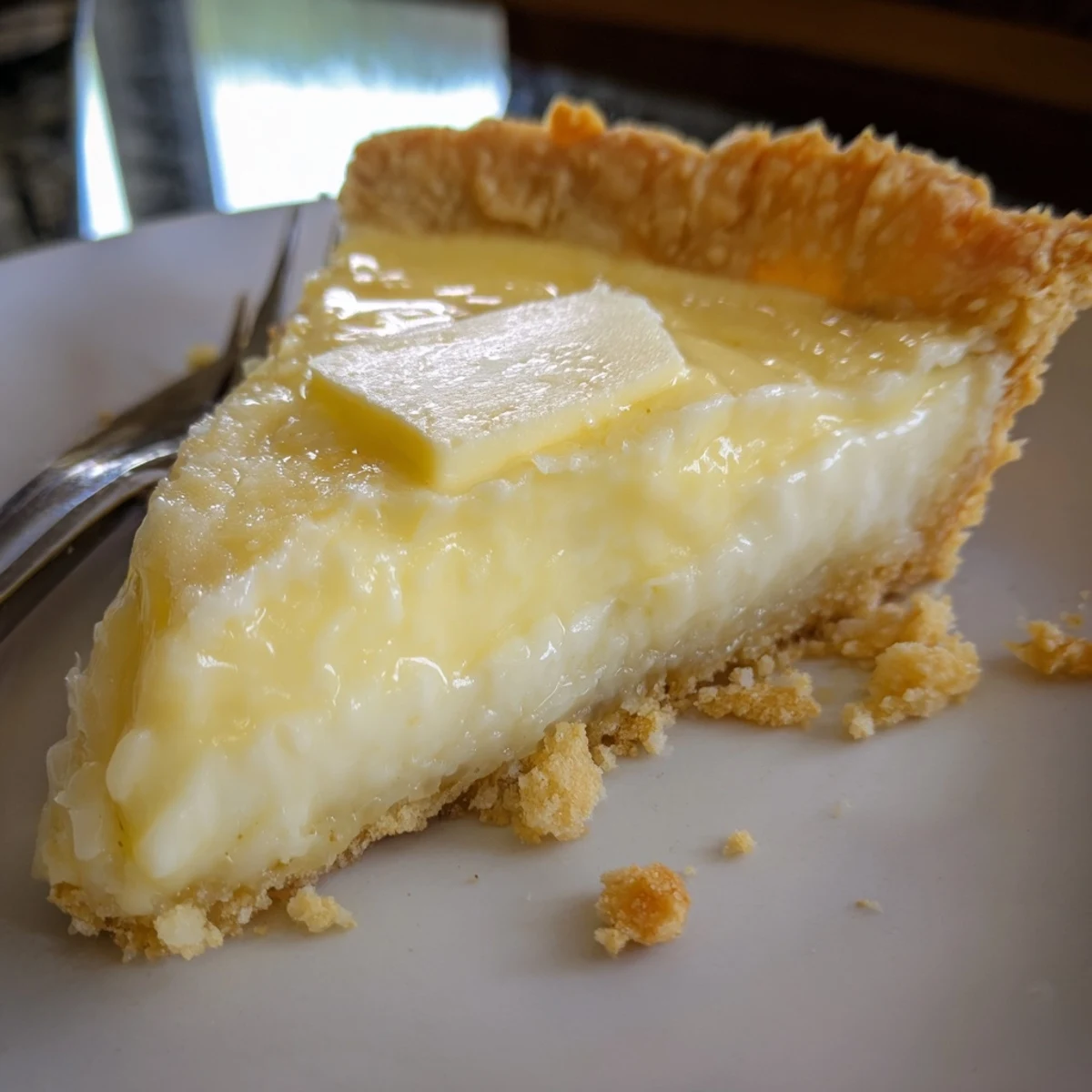 A slice of water pie with creamy custard filling and golden crust, perfect for dessert.  