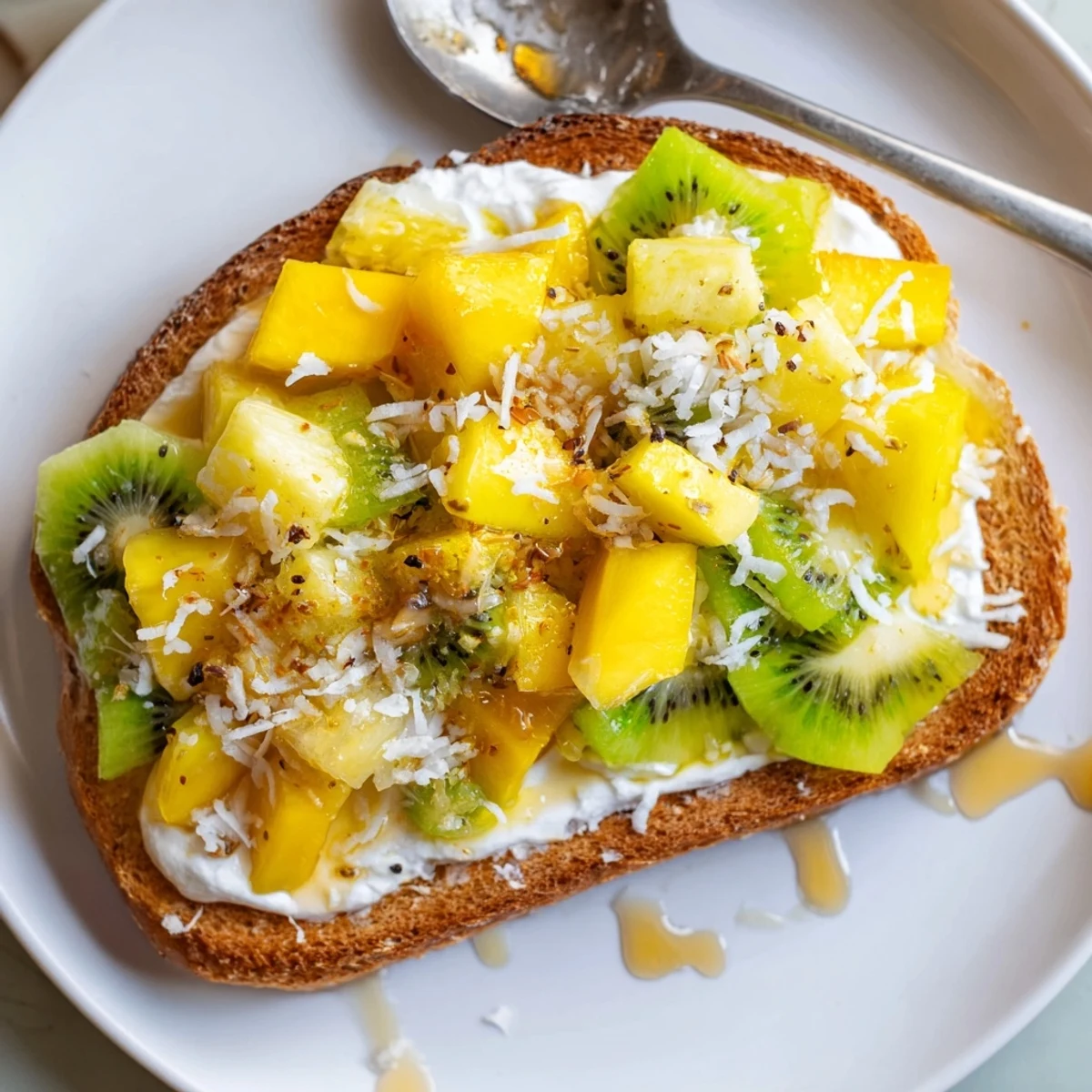 Creamy yogurt-custard toast topped with fresh tropical fruits and coconut flakes.  