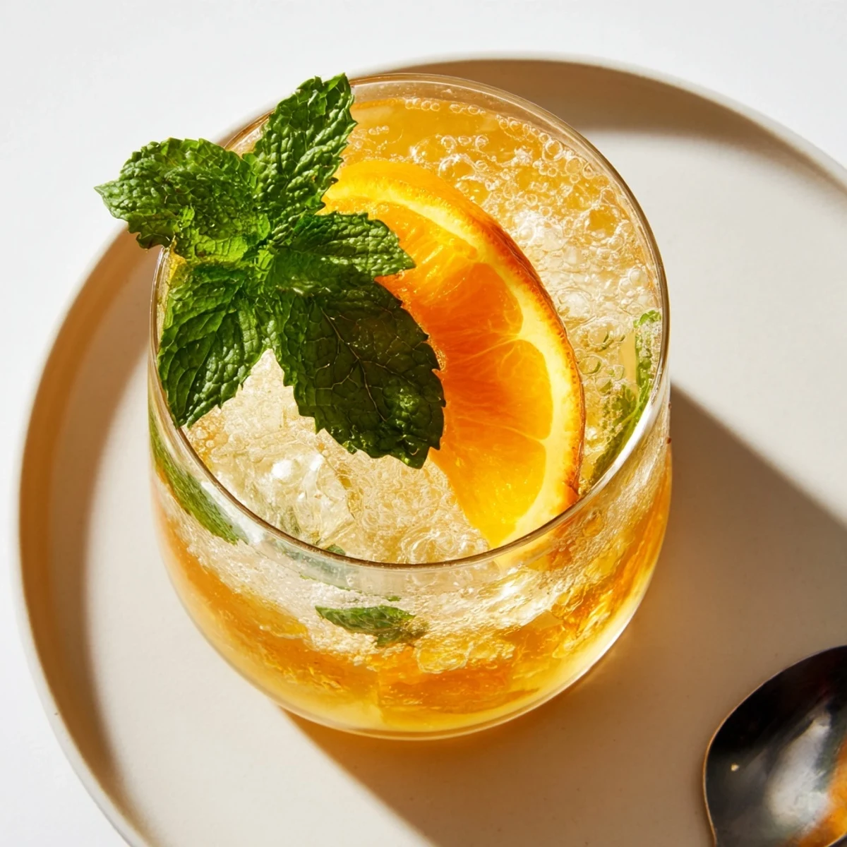 Homemade probiotic soda mocktail garnished with orange slices and fresh mint leaves.  
