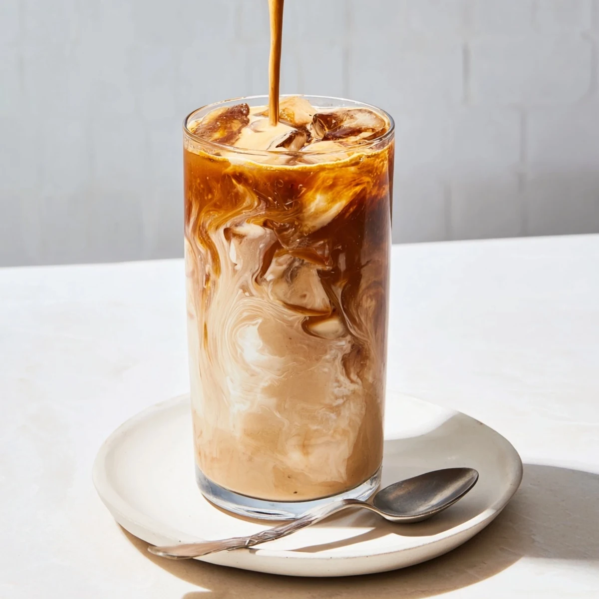 Rich tahini iced coffee topped with creamy plant-based milk and ice cubes.  
