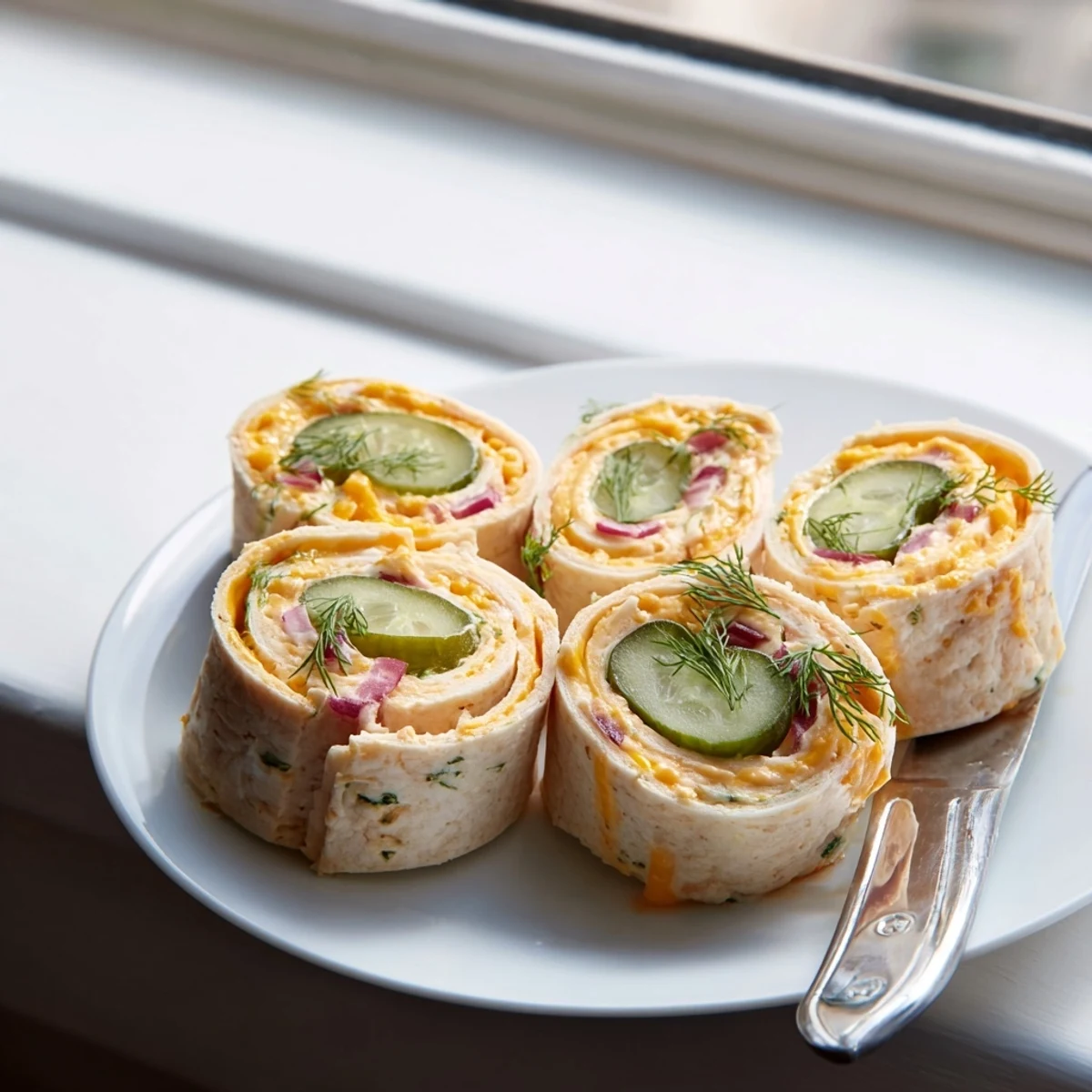 Crisp pickle-in-a-blanket wrapped in creamy cheese and soft tortillas, perfect for snacking.  