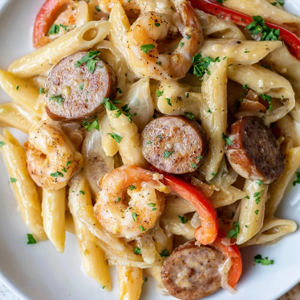 Creamy Cajun Sausage & Shrimp Alfredo Pasta served in a vibrant skillet.