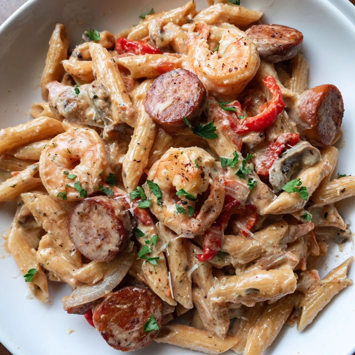 One-pan Cajun Sausage & Shrimp Alfredo Pasta, garnished with fresh parsley. 