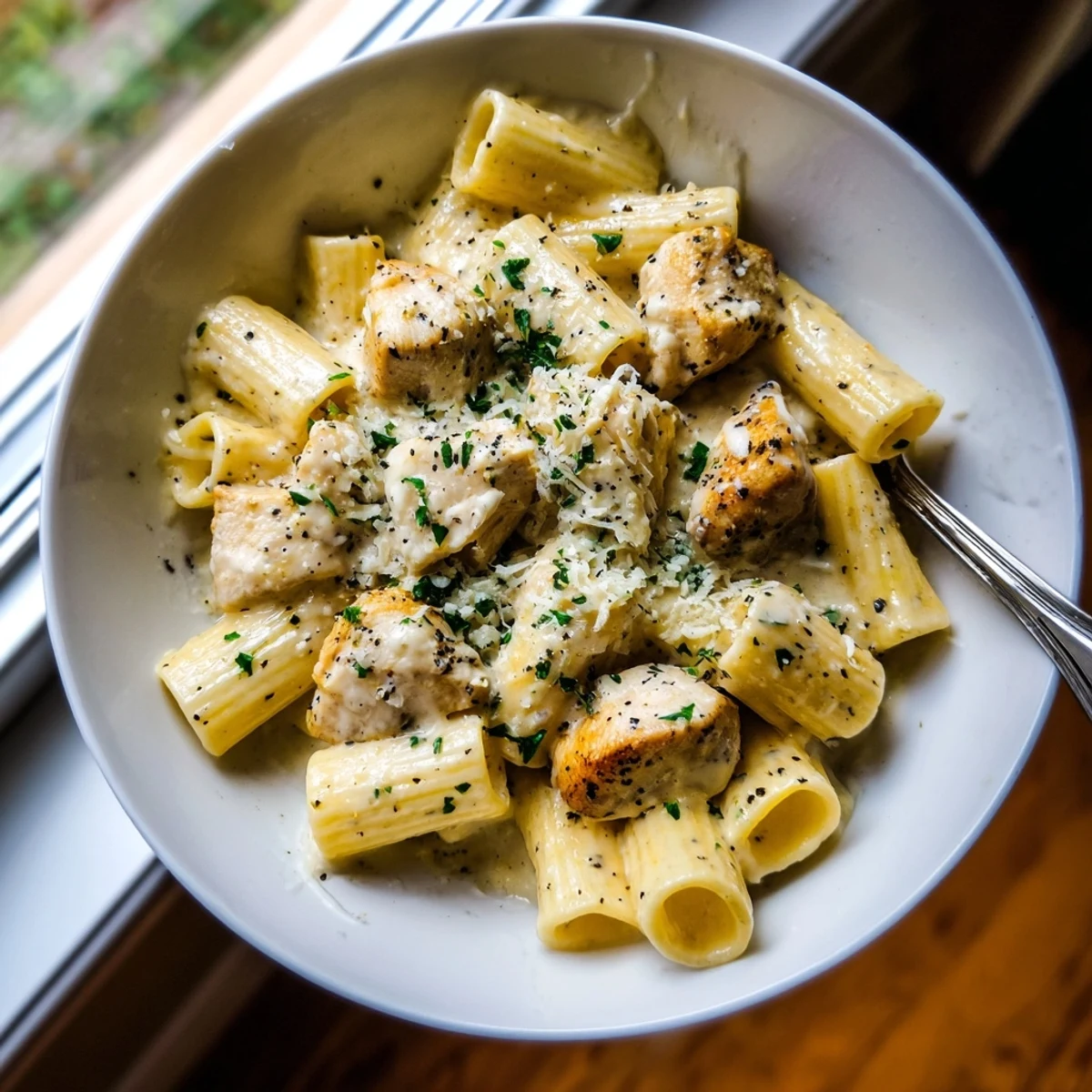 Creamy Garlic Parmesan Chicken Rigatoni topped with fresh parsley and extra cheese, inviting aroma.  
