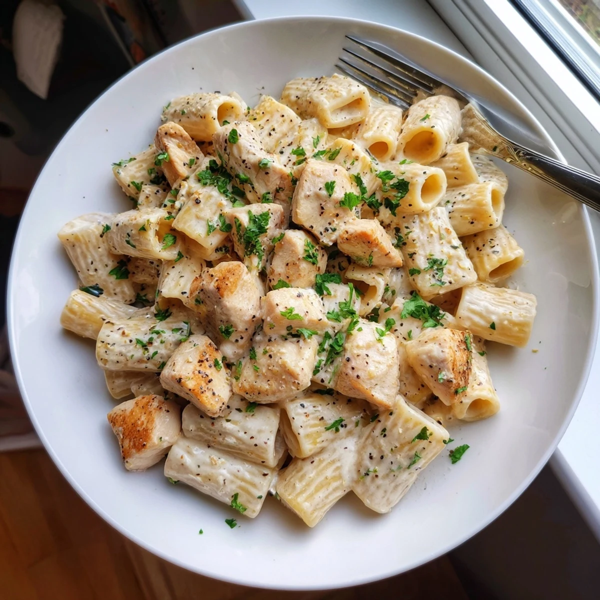 Delicious creamy garlic Parmesan chicken rigatoni, perfect for cozy weeknight dinners together.
