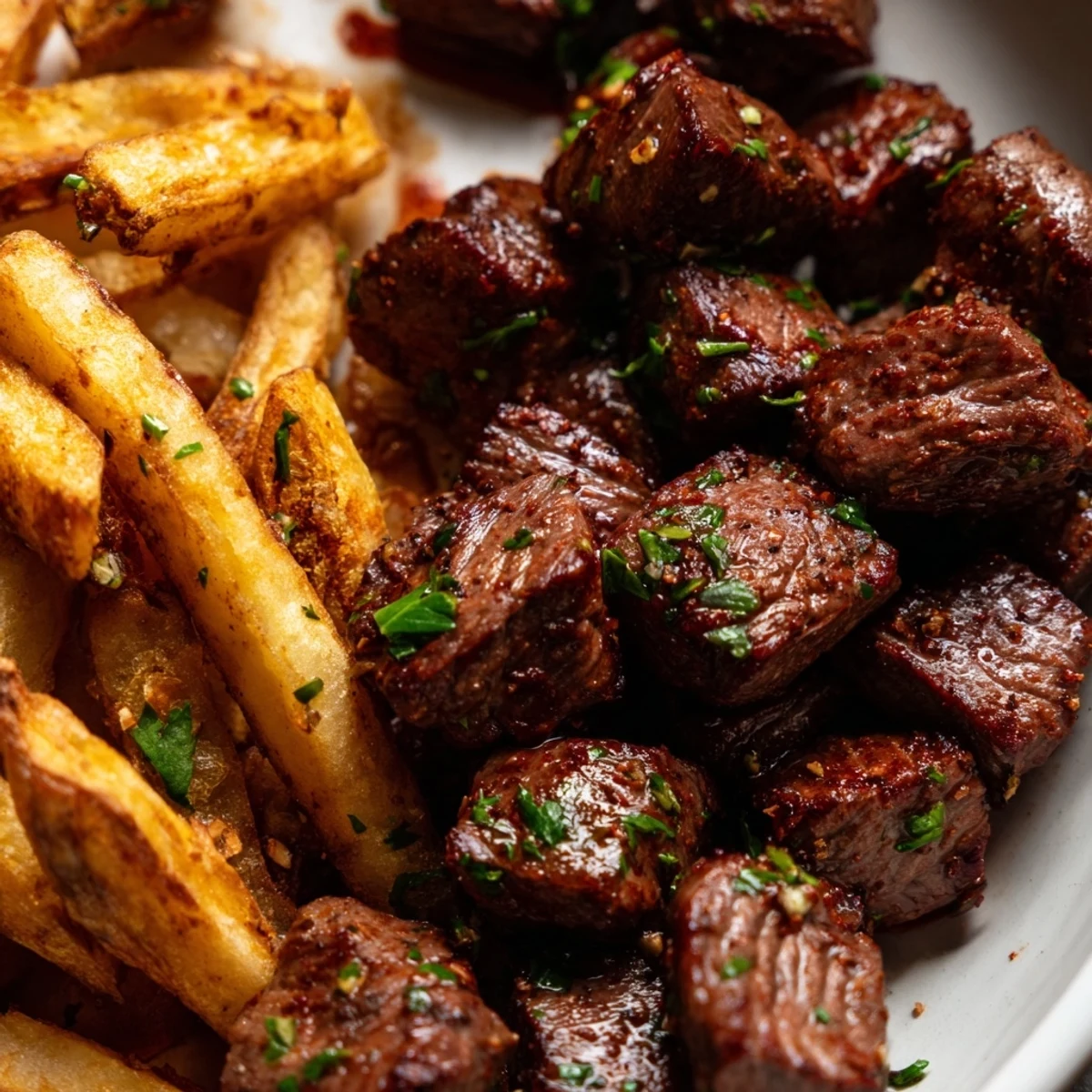 Flavorful blackened Cajun steak bites garnished with parsley, nestled beside crispy fries.
