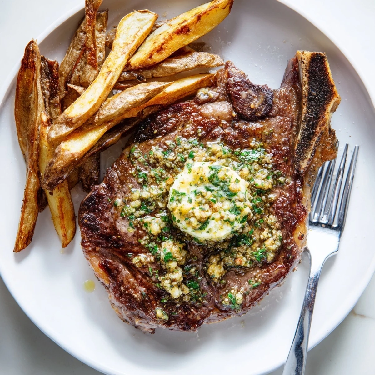 Juicy Steakhouse Garlic Butter Steak on a plate, paired with golden fries.  