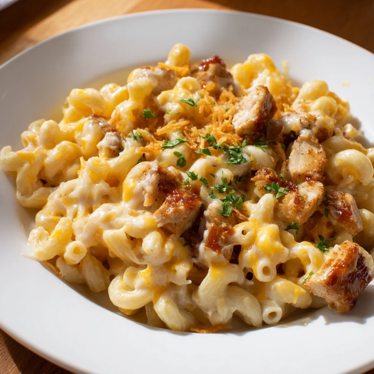 Creamy One-Pot Honey BBQ Chicken Mac and Cheese with melted cheese and tender chicken.