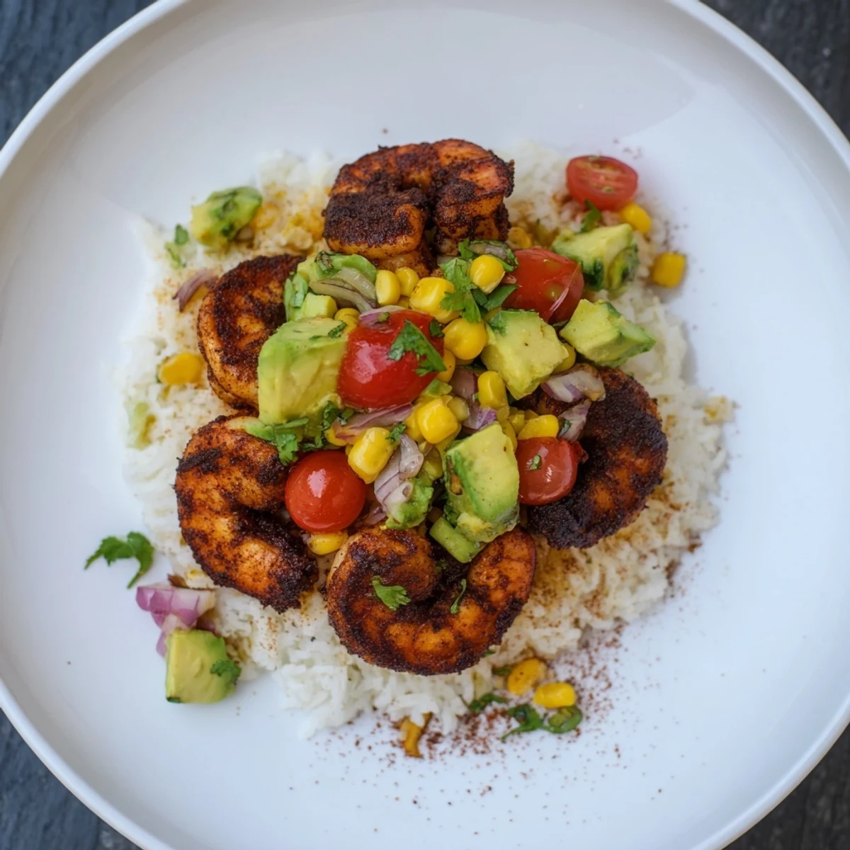 This image shows a beautifully arranged blackened shrimp bowl with creamy avocado salsa and lime wedges for serving.