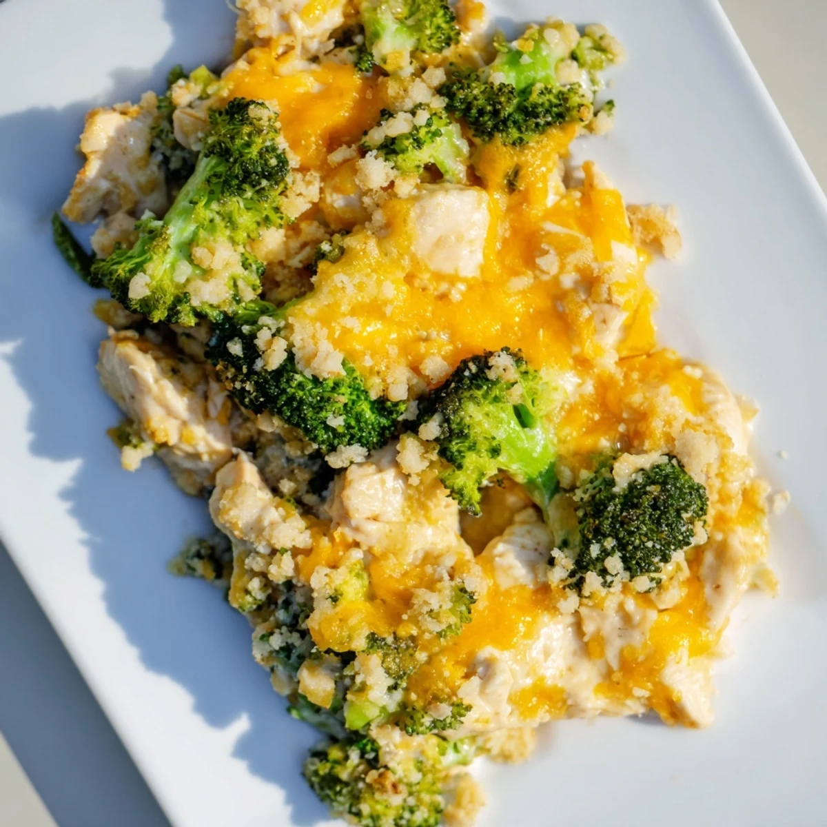 Chicken & Broccoli Cheddar Bake bubbling, golden brown, a satisfying family dinner.