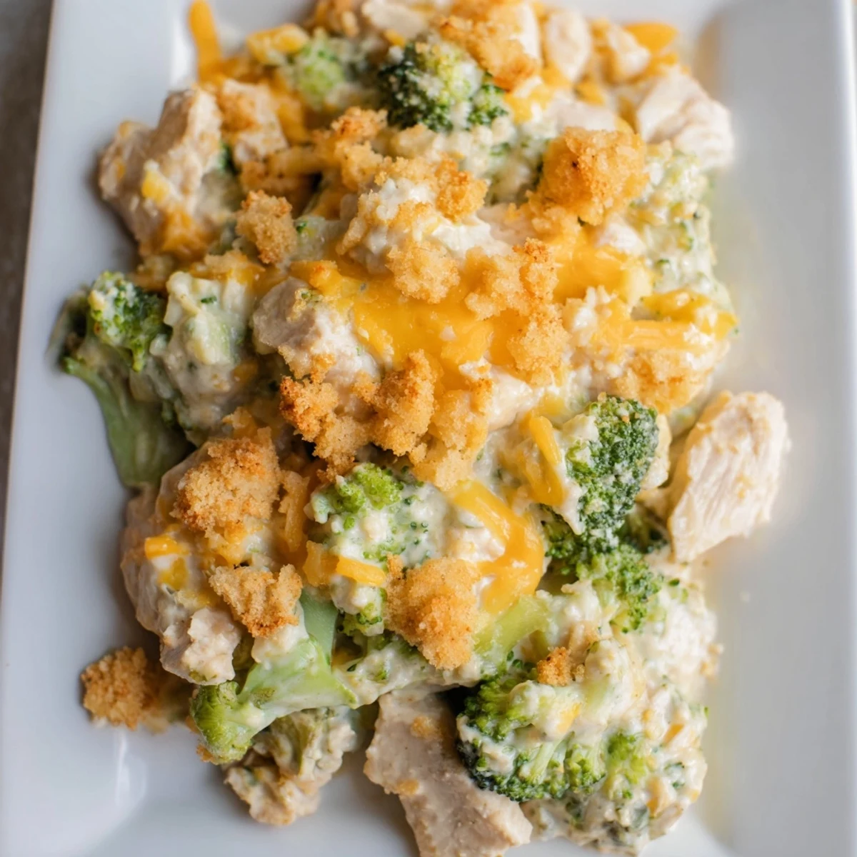 A bubbling casserole with melted cheese topping a Chicken & Broccoli Cheddar Bake's creamy goodness.