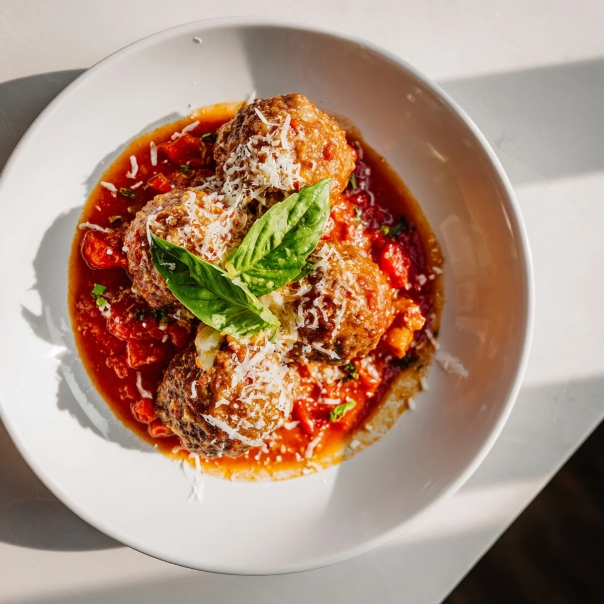 Steaming skillet of Italian Meatball Pasta, topped with melted mozzarella and fresh basil garnish.