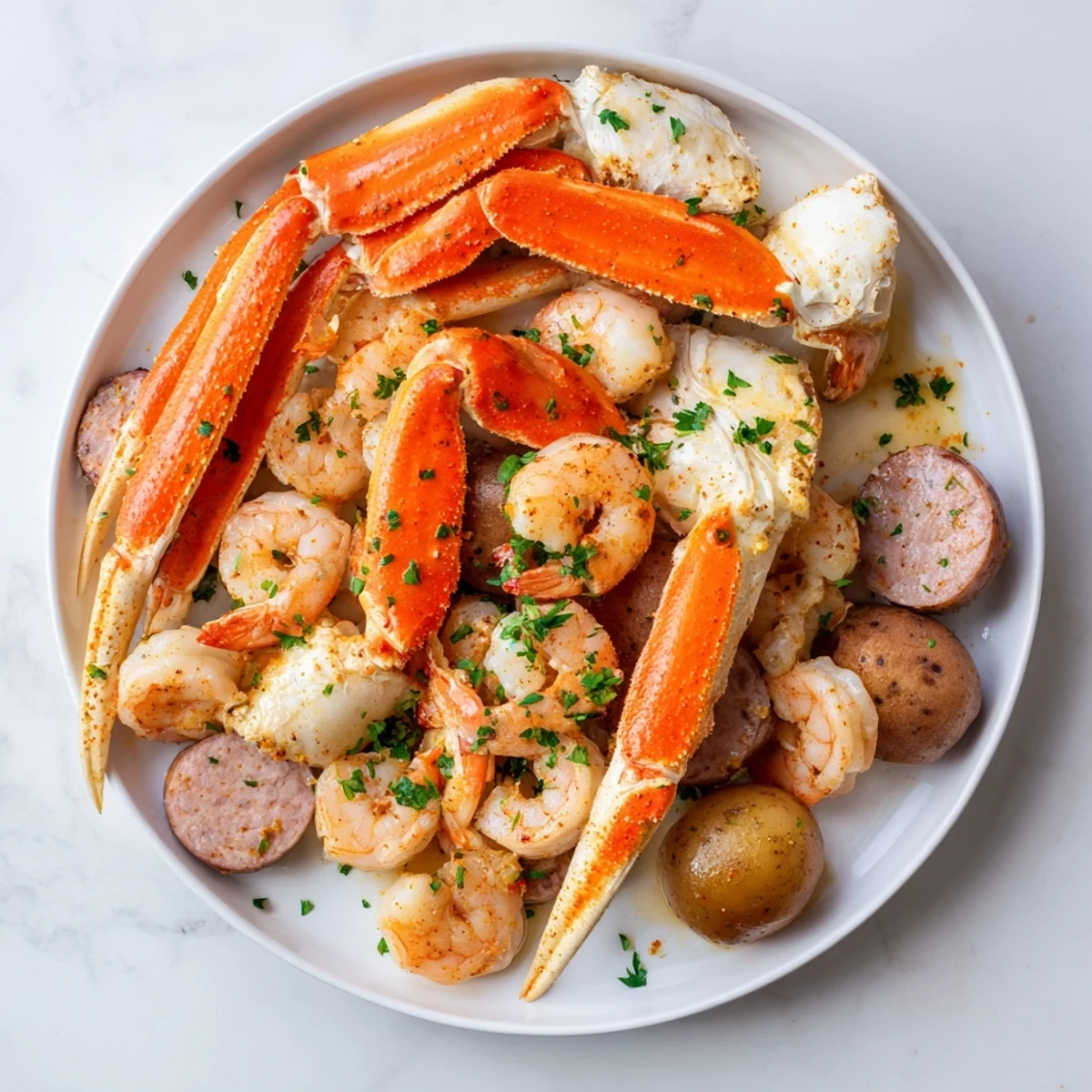 A delicious seafood boil with crab, shrimp, and sausage piled high, perfect for sharing.