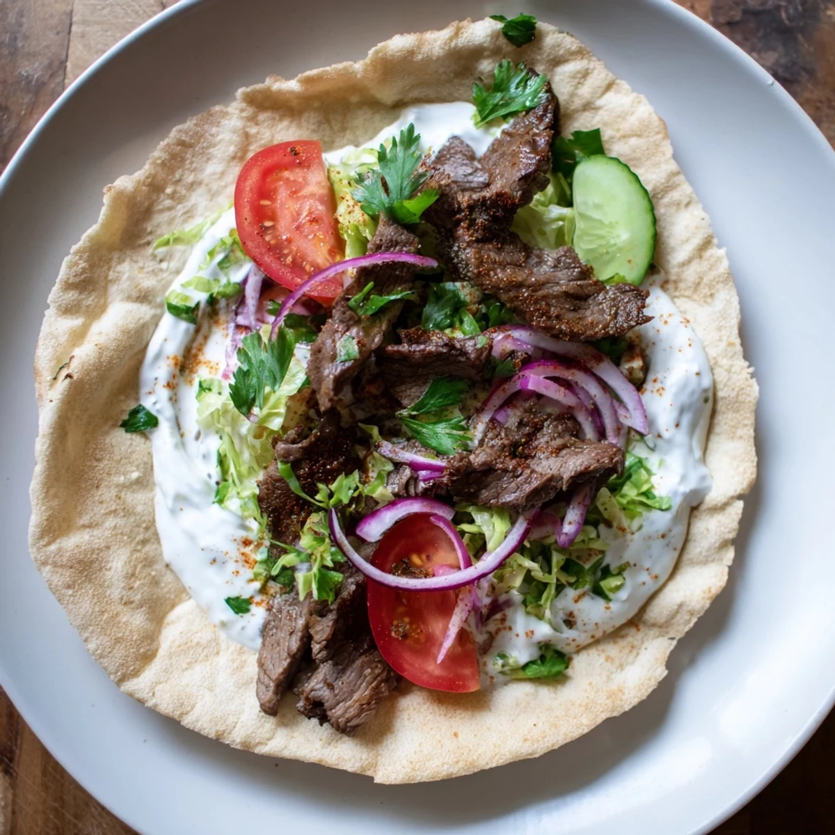 Close up of Beef Shawarma Wraps with a vibrant creamy yogurt sauce dripping out.