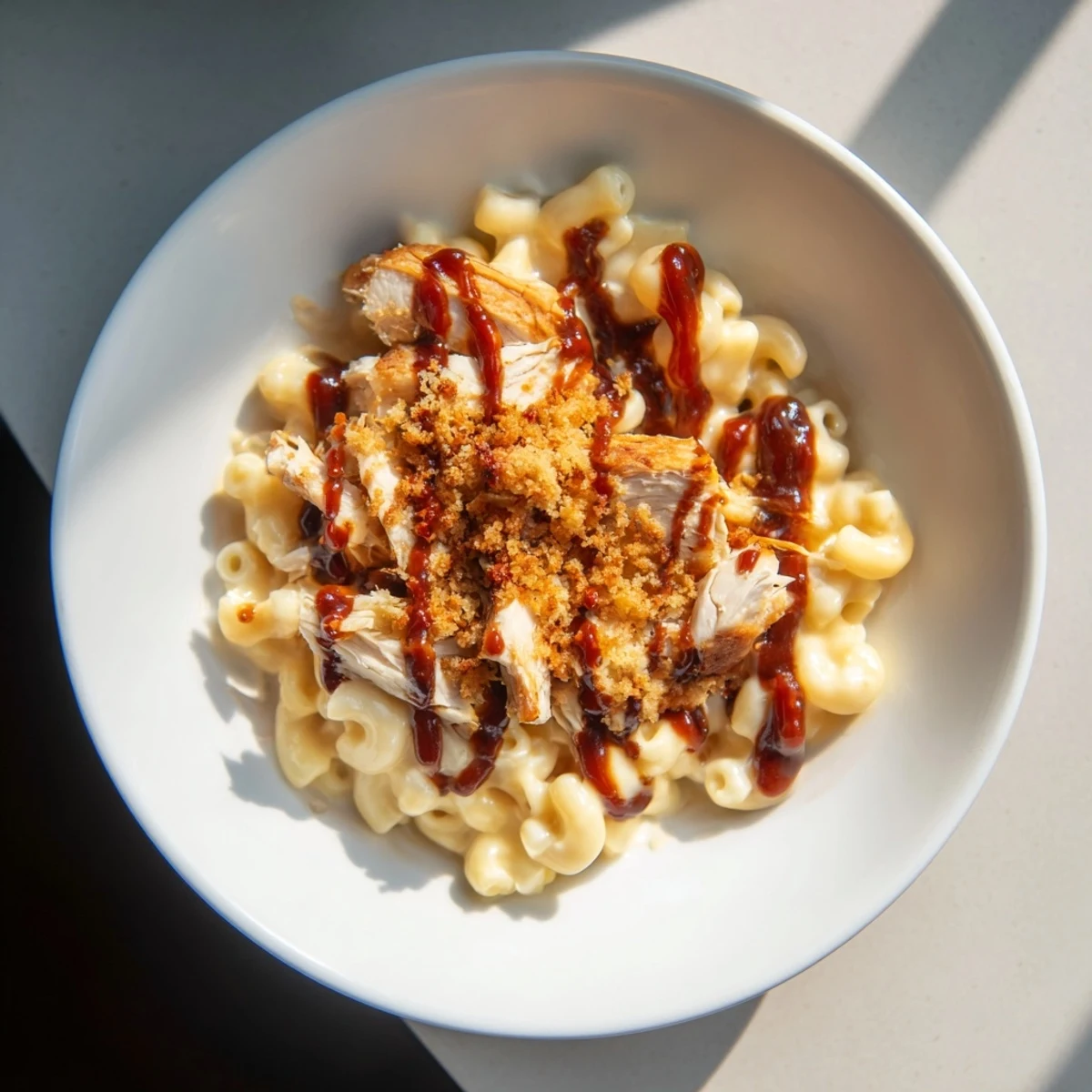 Golden, bubbly Classic Mac & Cheese with BBQ Chicken featuring savory chicken topping creamy macaroni.
