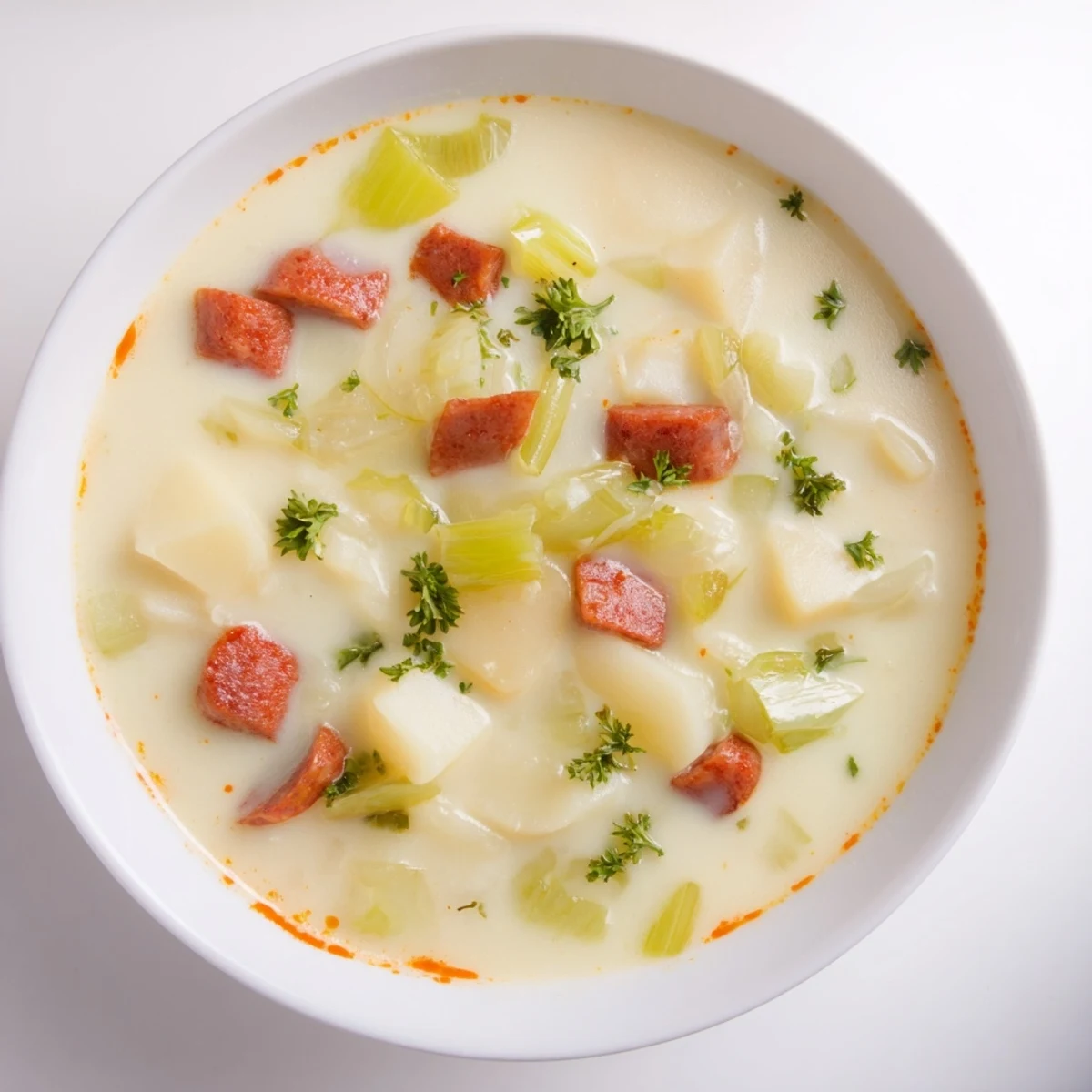 A steaming bowl of Potato, Leek & Chorizo Soup, garnished with parsley and ready to eat.