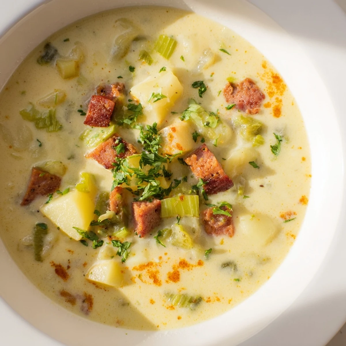 Close-up of the flavorful Potato, Leek & Chorizo Soup, perfect for a cozy, gluten-free dinner.