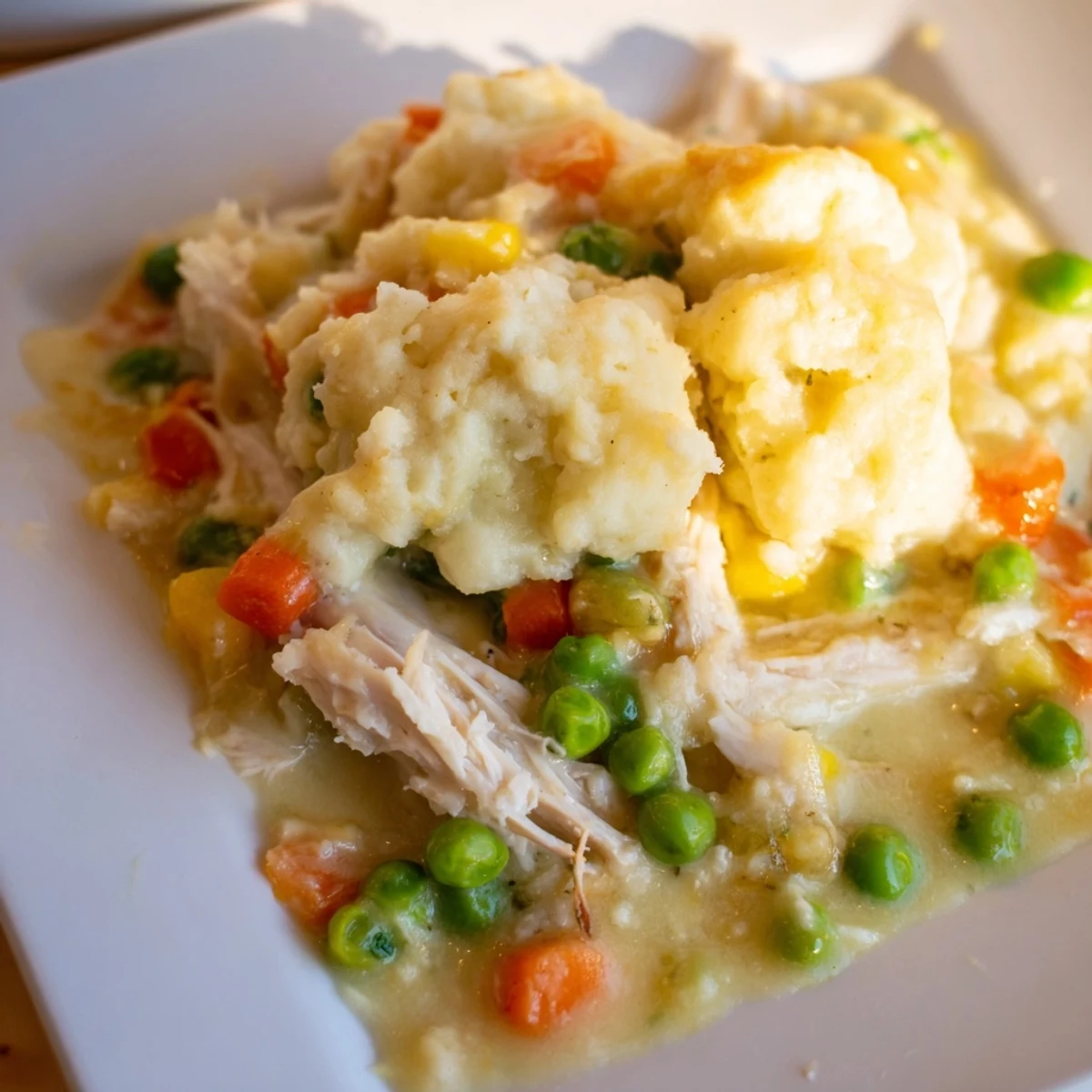 Golden, bubbly Chicken and Dumplings Casserole, a warm family recipe with tender chicken and creamy sauce.