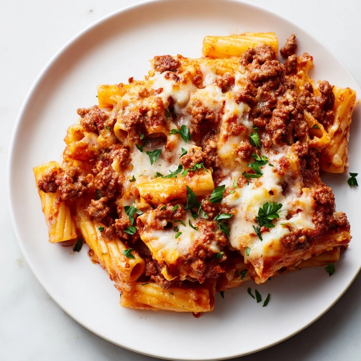 Baked Ziti with Meat Sauce bubbling with melted mozzarella and Parmesan cheese for a delicious dinner.