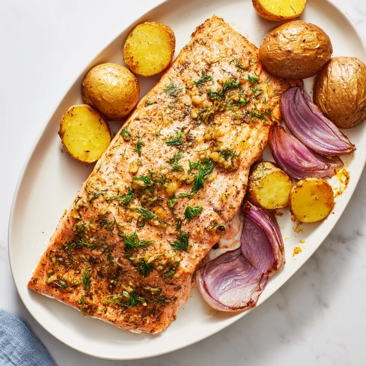 Sheet pan Lemon Herb Salmon & Potato, glistening salmon fillets beside roasted golden potatoes and veggies.