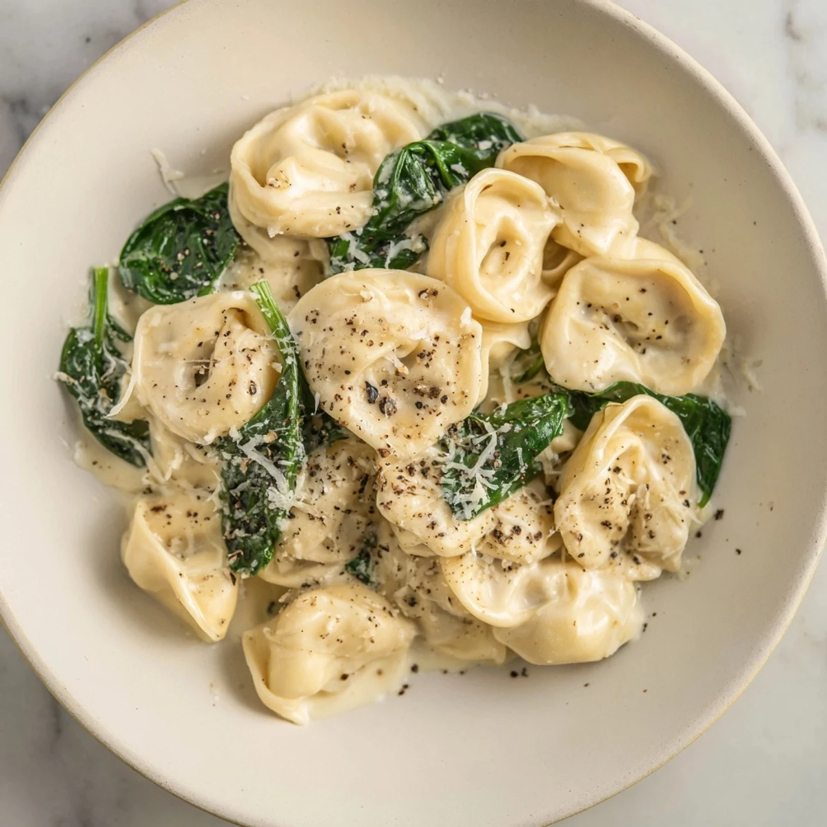 This beautiful creamy spinach Alfredo tortellini features tender cheese pasta coated in a rich sauce.