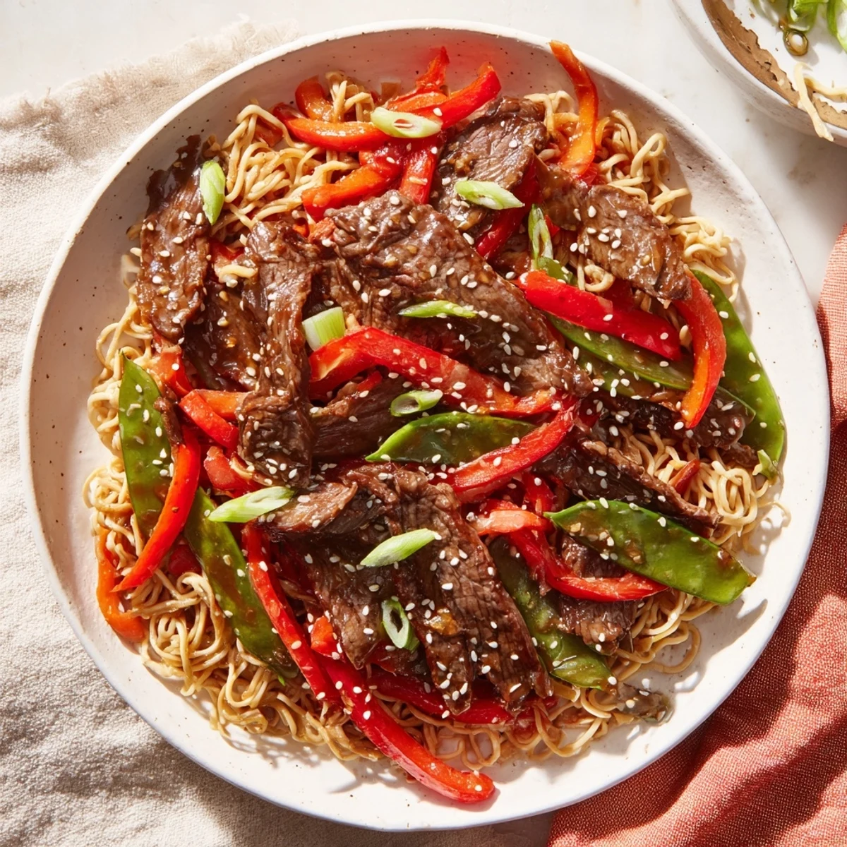 A hearty Teriyaki Beef & Noodle Bowl with sesame seeds scattered over savory beef and noodles.