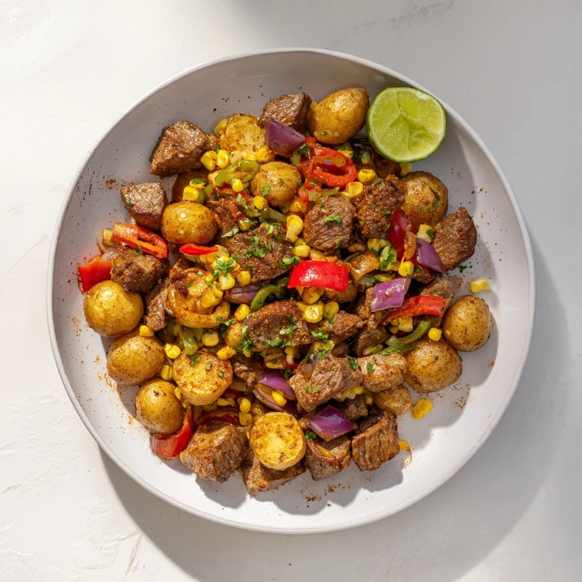 Southwest Steak & Potato Skillet sizzling with browned steak, tender potatoes, and colorful peppers.