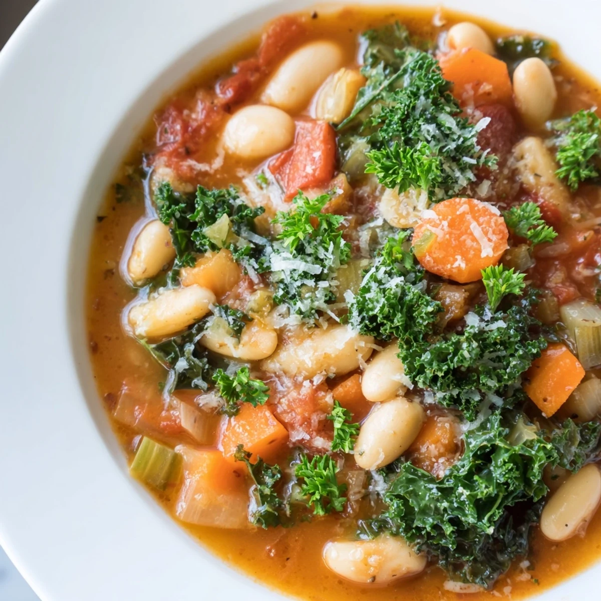 Steaming bowl of Italian Bean & Kale Stew, showcasing rustic textures and vibrant greens, perfect for cozy nights.