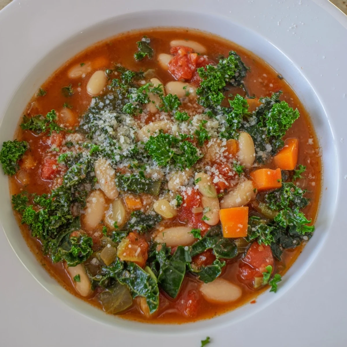 A close-up of the flavorful Italian Bean & Kale Stew, thick with beans and vegetables, ready to be enjoyed.