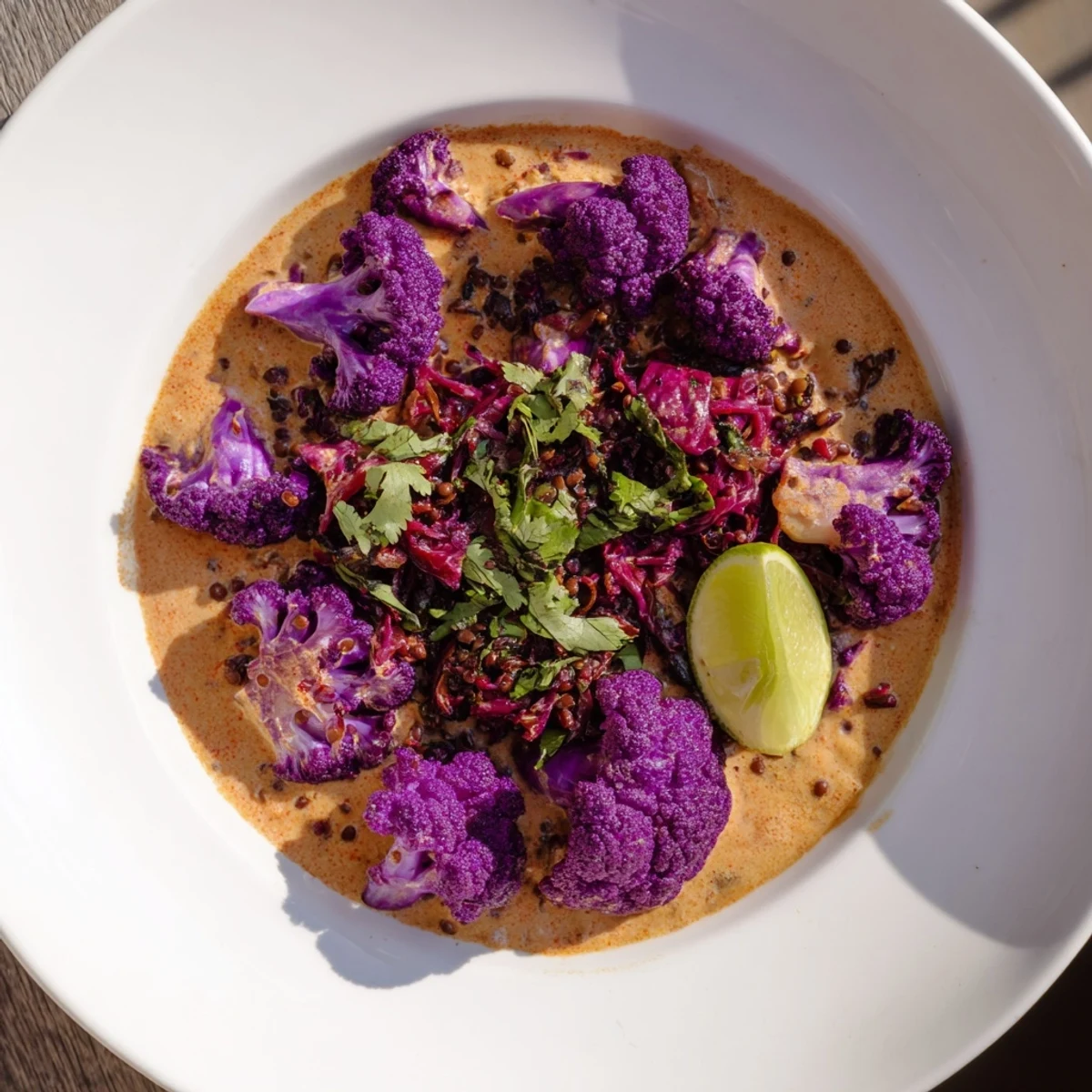 This vibrant dish, Red Cabbage, Cauliflower & Coconut Dhal, showcases tender vegetables in a spiced coconut broth.