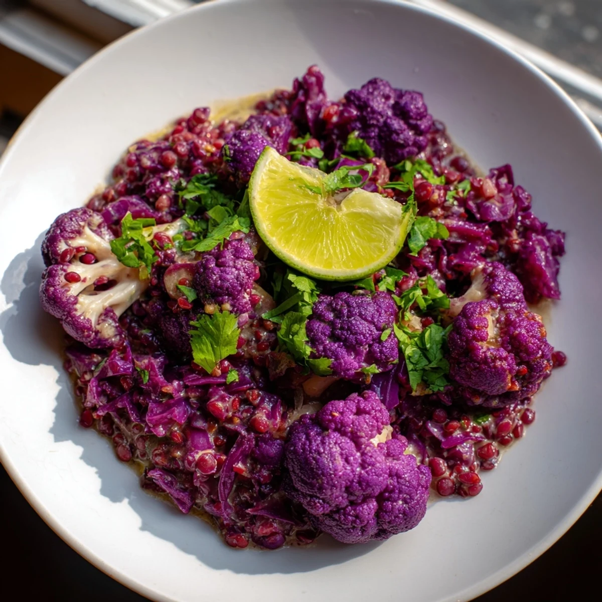 Enjoy a steaming bowl of flavorful Red Cabbage, Cauliflower & Coconut Dhal with lemon wedges.