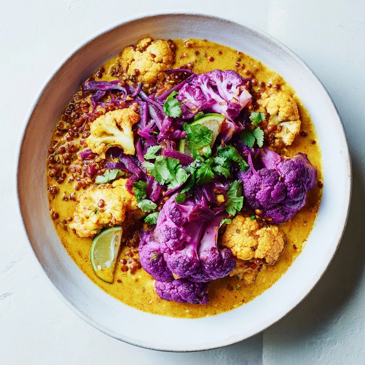 Creamy Red Cabbage, Cauliflower & Coconut Dhal, ready to serve and garnished with fresh cilantro.