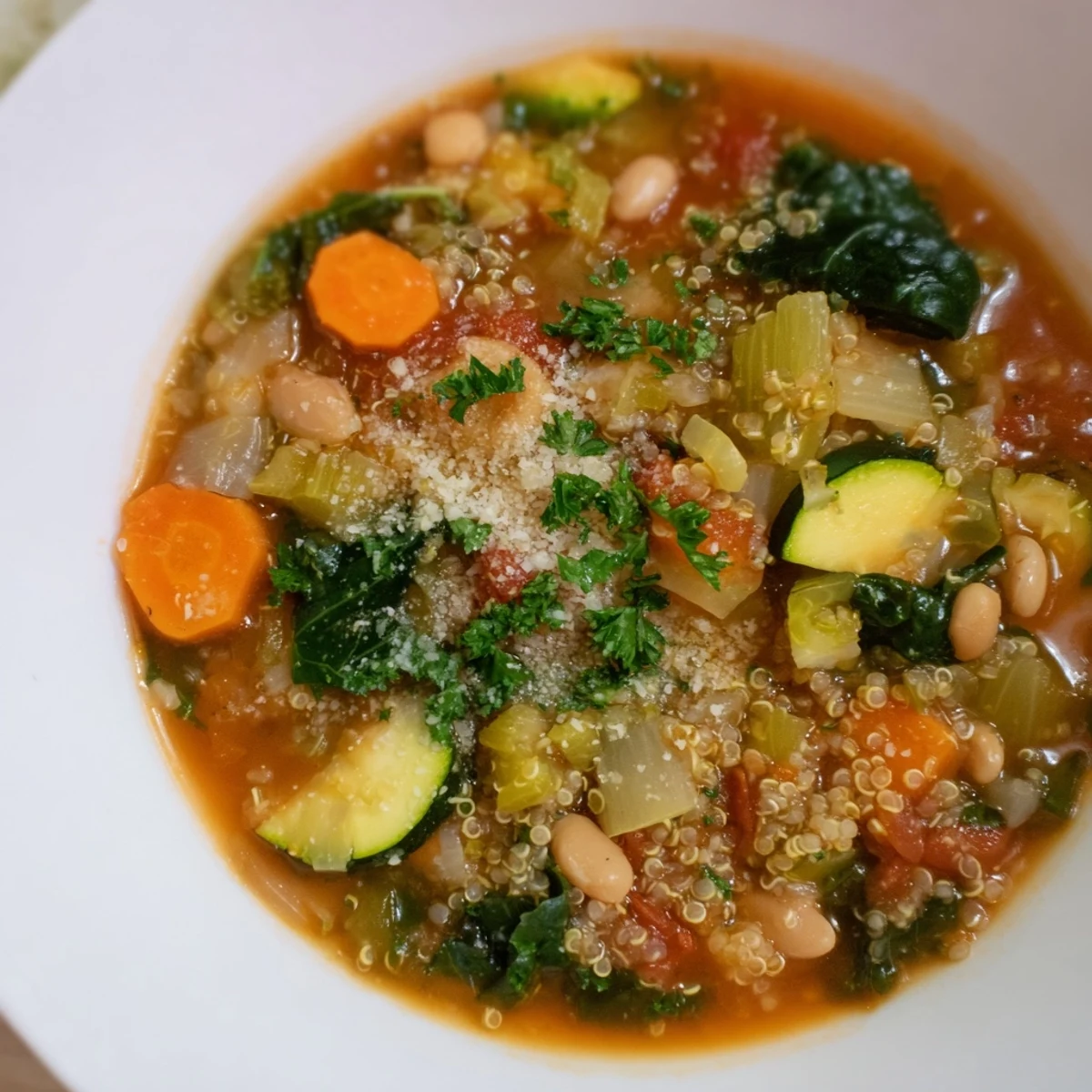 A steaming bowl of flavorful Minestrone with Quinoa, garnished with fresh parsley and Parmesan.