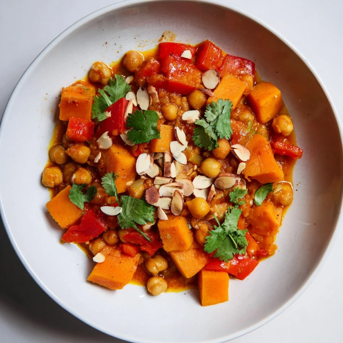 Golden-hued Moroccan Chickpea & Sweet Potato Tagine, simmered to perfection, ready to serve with couscous.