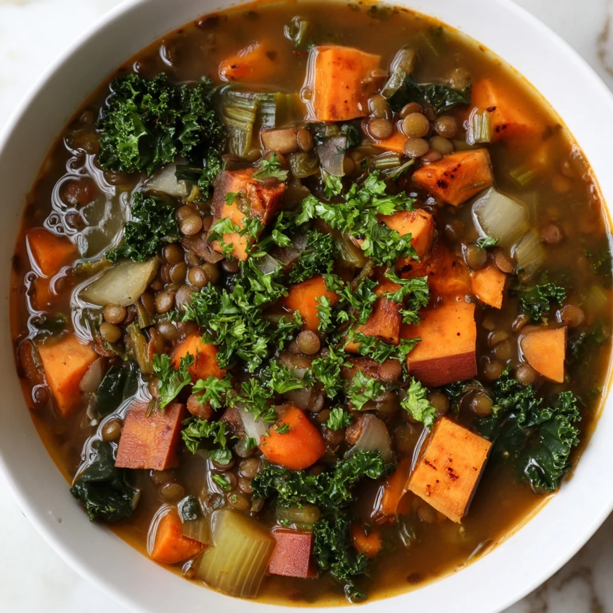 A close-up of hearty Winter Vegetable & Lentil Soup featuring vibrant carrots and tender lentils.