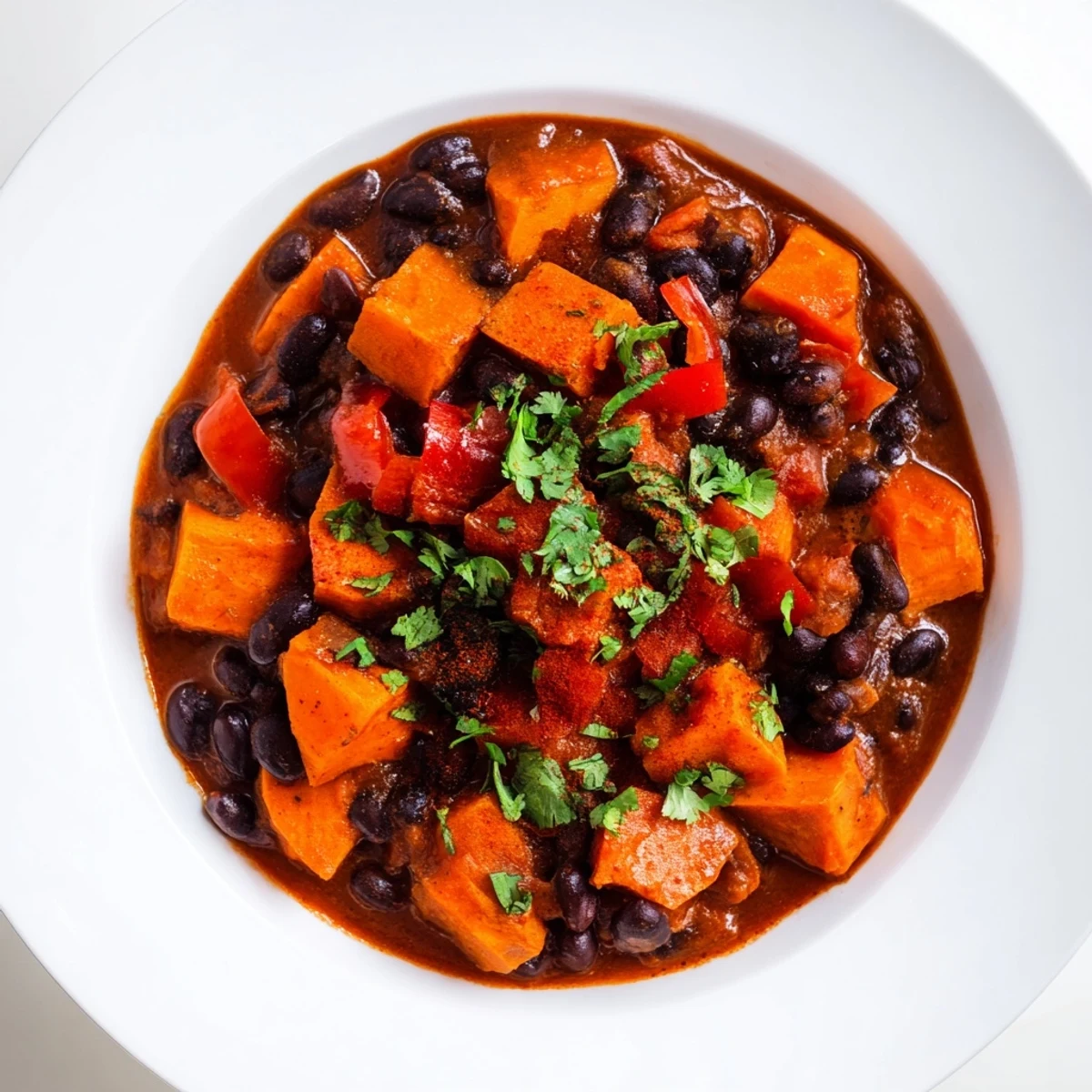 Steaming bowl of Sweet Potato & Black Bean Chili, garnished with cilantro, ready to serve.