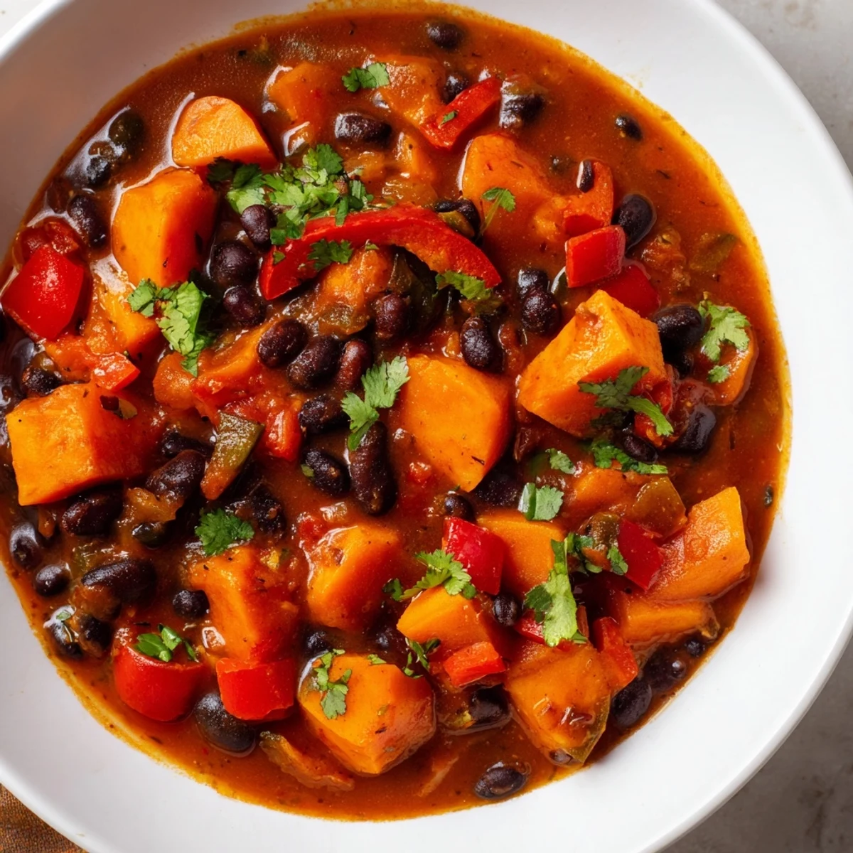 Hearty Sweet Potato & Black Bean Chili simmering in a pot, with aromatic spices filling the air.
